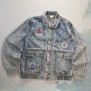 VTG Valor Acid Wash Denim Jacket Men XL Blue Military Patch 77th Flying Mission
